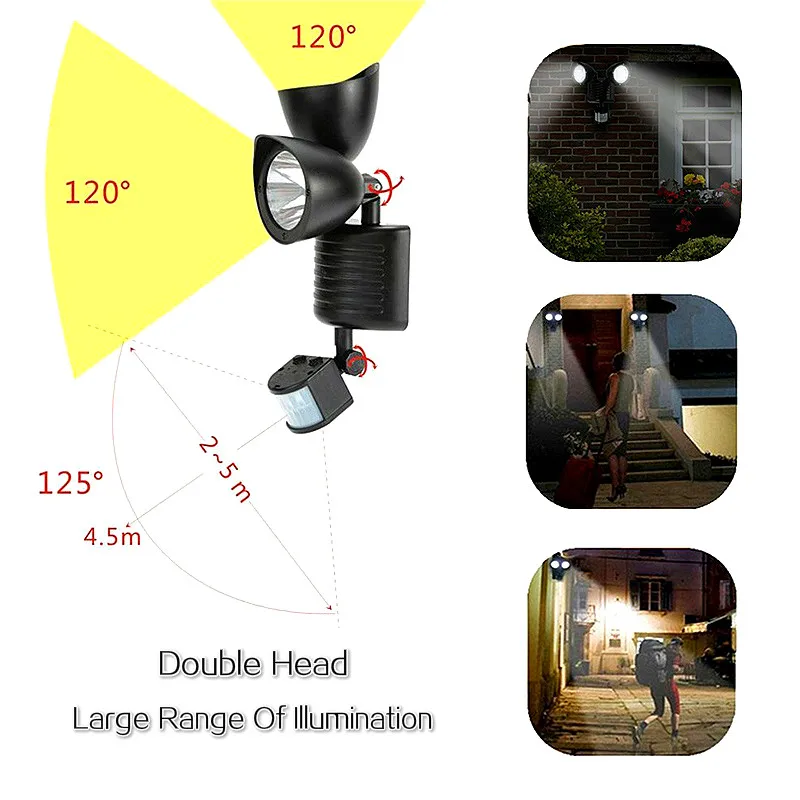 Двойной PIR голову Солнечный лампы движения Сенсор пятно Выделите для освещения