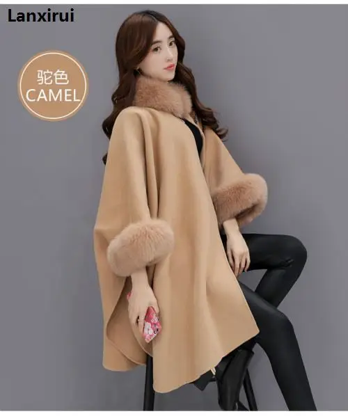 CAMEL Пончо и накидки для женщин Рождественская мода с расклешенными рукавами воротник из искусственного лисьего Меха Зимняя шерстяная накидка пальто пончо длинное пальто - Цвет: CAMEL