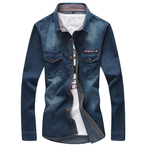 Dark blue Новинка, мужские джинсовые рубашки, синие джинсовые рубашки, мужские ковбойские рубашки, мужские рубашки, 5XL Gomlek, облегающие блузы, мужские повседневные рубашки - Цвет: Dark blue