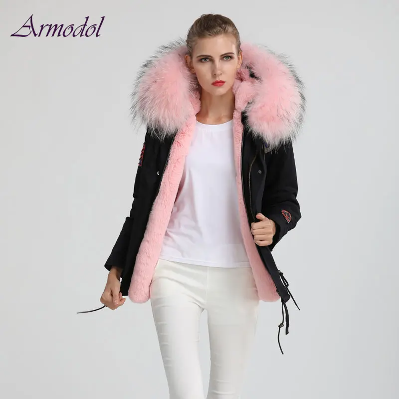 

Winter New Style Coold Black Women Jacket Light Pink Raccoon fur Collar Badge decoration Fur Parka WinterCoat