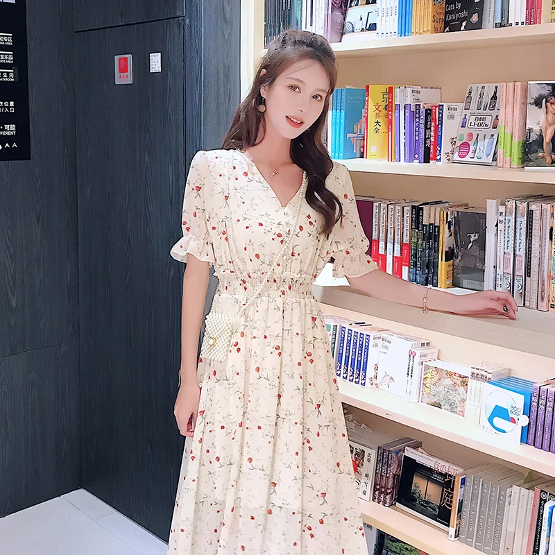 

Summer Chiffon Midi Dress Women Apricot Sexy Boho Elegant Short-sleeved V-neck Slim Fit Beach Vintage Club Party Dress Vestidos