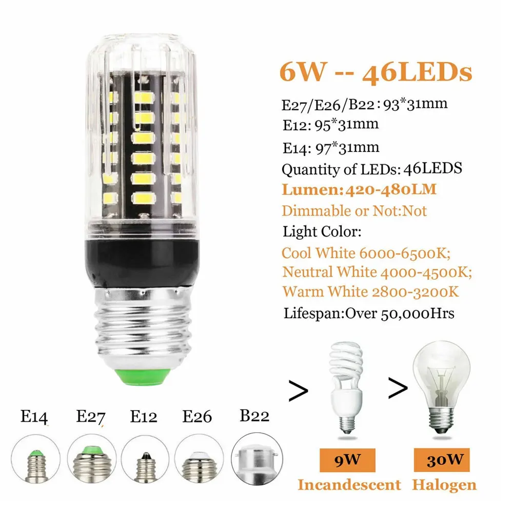 6W 46LED Светодиодный лампочки «Кукуруза» 22-162 светодиодный s E27 E14 B22 штык 5730 SMD 9 Вт 12 Вт 13 Вт 15 Вт домашняя декорационная Лампа AC 110 V 220 V AC 85-265 V - Испускаемый цвет: 6W 46LED