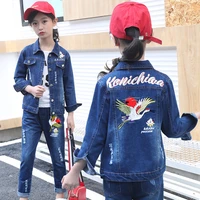 childrens clothing set 2018 new spring and autumn girls jeans suit two piece chinese bird girl denim body suit kids clothing