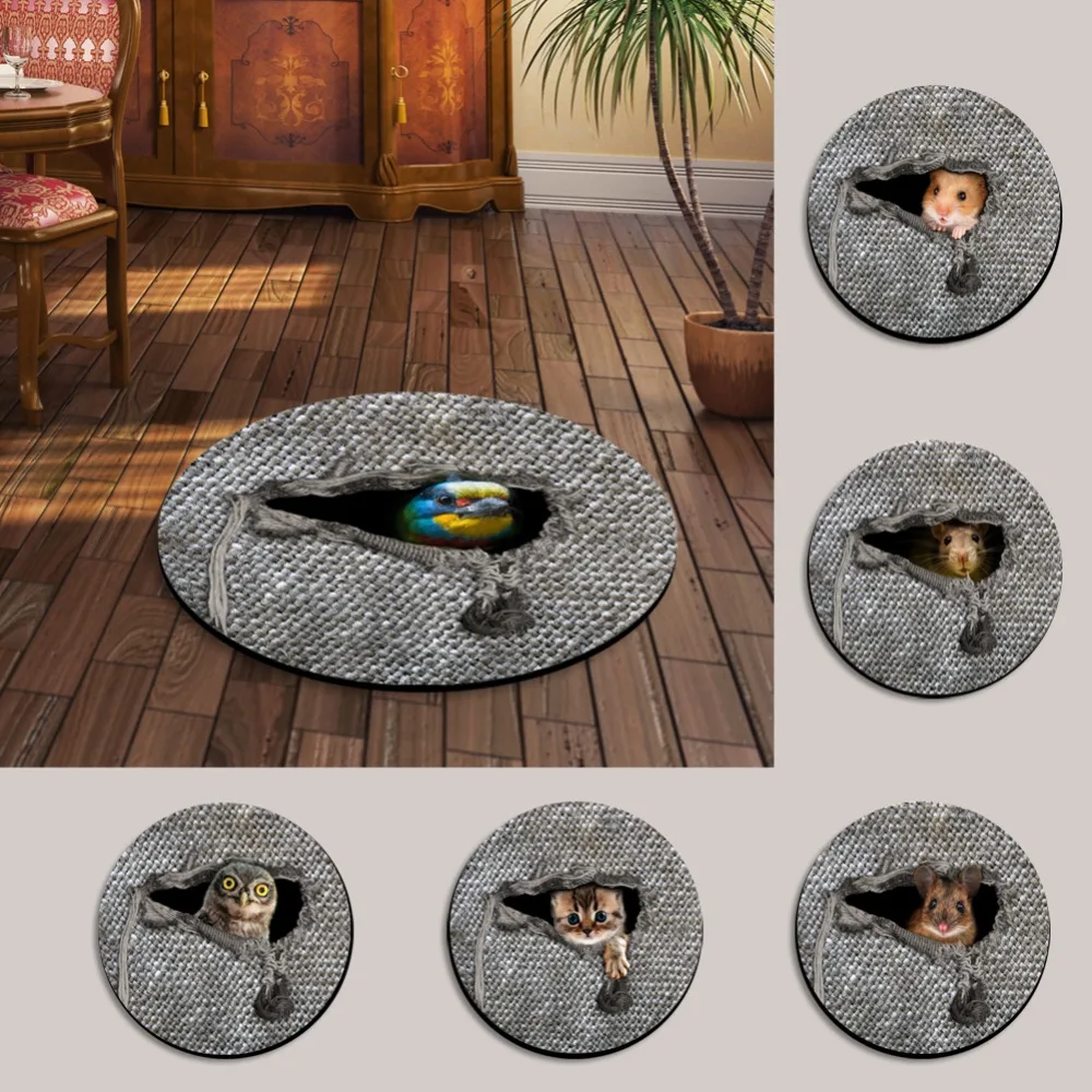 HUGSIDEA 60*60 см Круглый Ковер 3D милый Кот Сова Печать серые тканые ковры Нескользящая