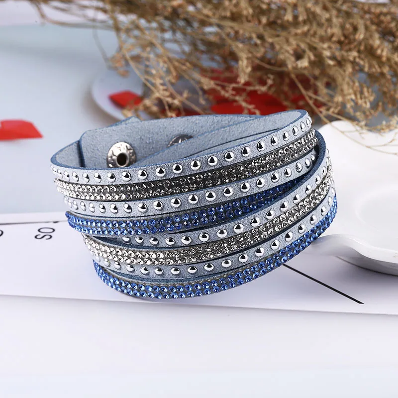 Light Blue Bracelet HOCOLE модные Очаровательные кожаные браслеты со стразами для женщин обёрточная бумага Многослойные Стразы браслет Женская мода ювелирные изделия свадебный подарок - Окраска металла: Light Blue Bracelet