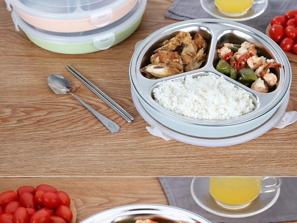 Ланч-бокс из нержавеющей стали 3 сетки контейнер для хранения еды Bento с ложкой и палочками для еды круглый Ланч-бокс столовая посуда