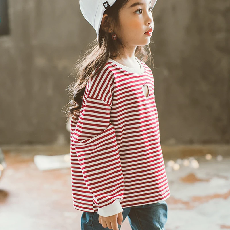 Zingirl New Fashion Brief Striped Girls T-Shirts Casual Loose Hole Patchwork Children's Clothing Soft Breathable O-Neck Tops Tee | Детская