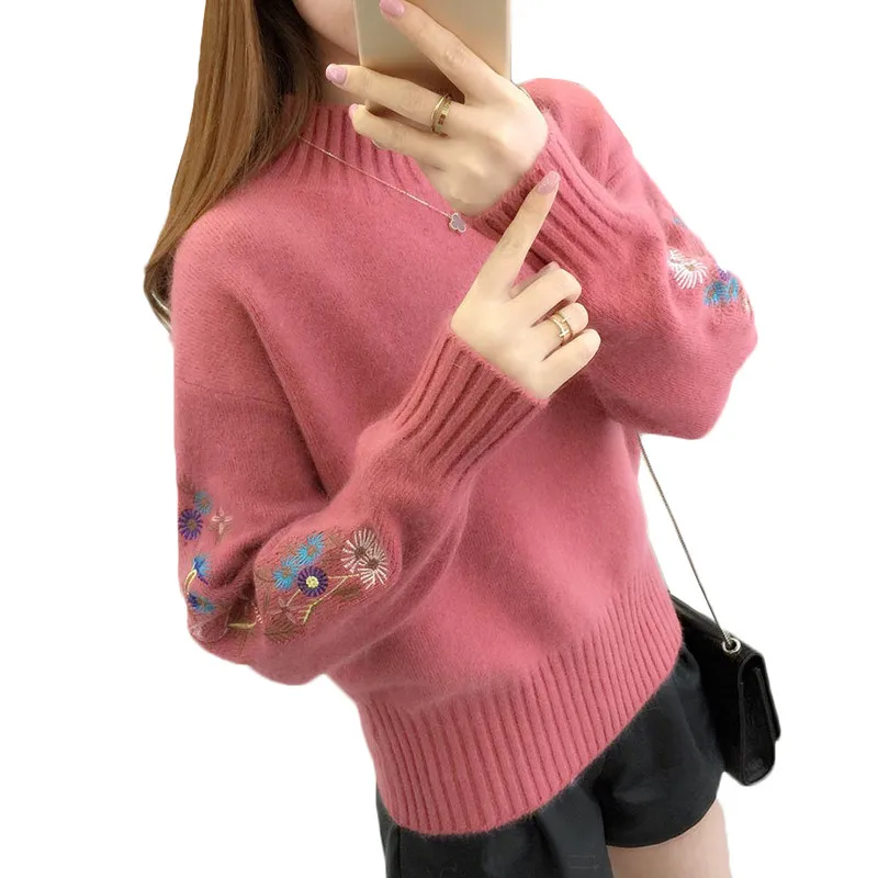 2019 Autumn Winter Sweater Women Casual Embroidery Pullovers Female Korean Half Turtleneck Long Sleeve Warm Knit Tops Pull Femme | Женская