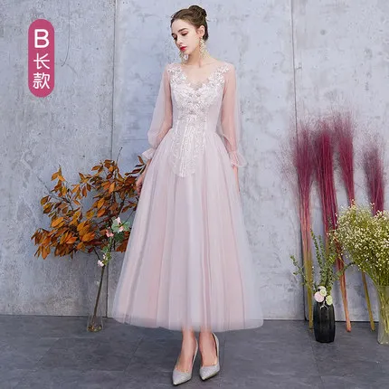 B Pink Long 128 KBS093# серые, розовые вечерние платья для выпускного вечера, новые весенне-летние платья подружки невесты, платье средней длины для сестры, платье для выпускного вечера, короткое - Цвет: B Pink Long 128