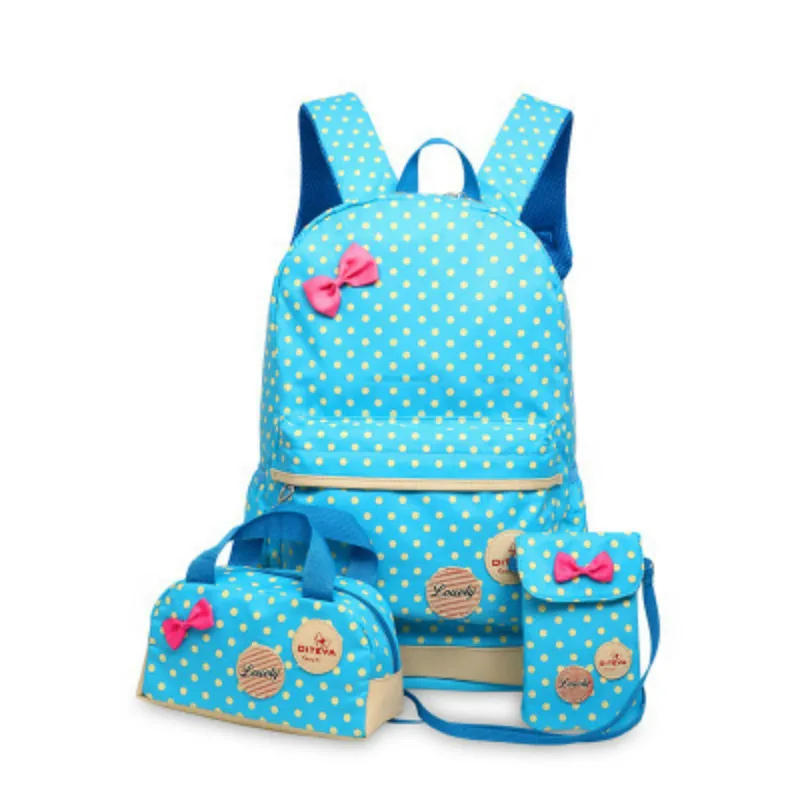 Новый школьный студенческий рюкзак для девочек милый бант 3 предмета в горошек - Фото №1
