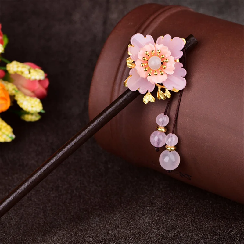 Yanting Romantic Pink Flower Hair Stick Wood Hair Accessories For Women Sweet Hairpins Head Jewelry Gift For Girls Women 0145