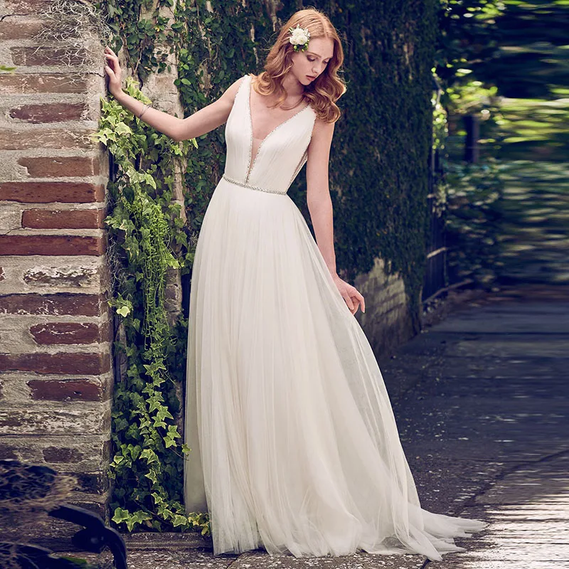Sexy V-neck Crystal Beading Vestidos De Novia Backless Pleated Tulle A-line Long Beach Wedding Dresses 2020 Marriage Bridal Gown | Свадьбы и
