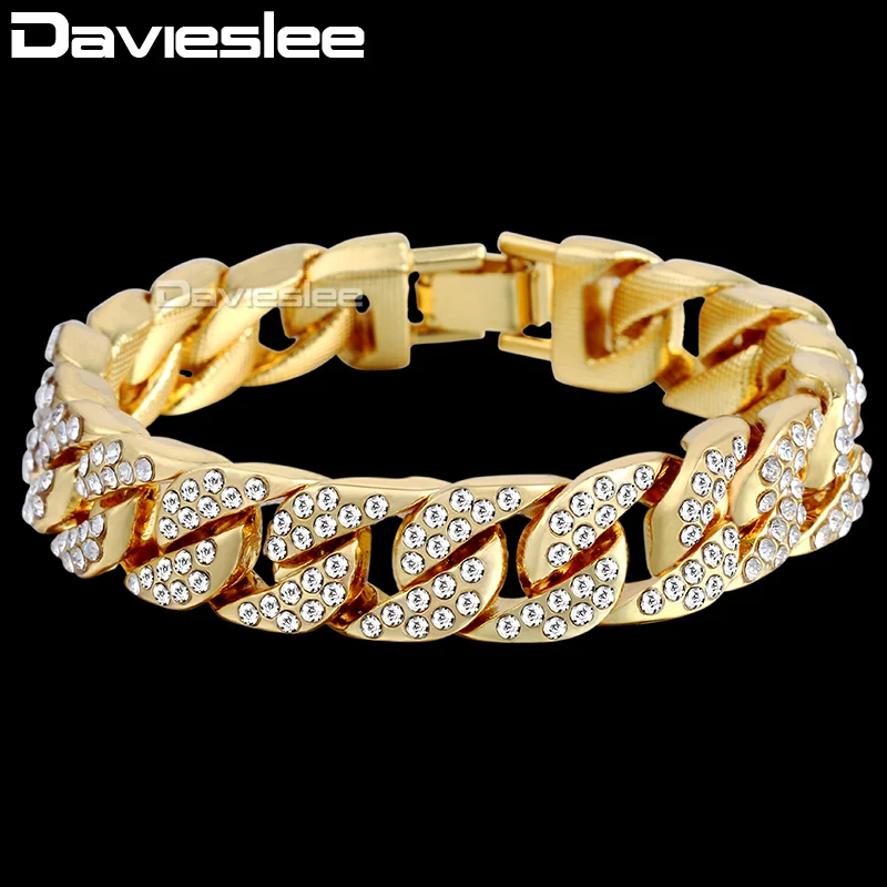 Davieslee 14 мм 20 см мужской браслет для женщин ювелирные изделия Iced Out Снаряженная кубинская цепь Желтое золото Заполненные проложили Стразы GB403