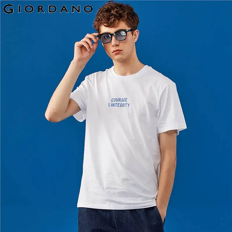 Мужская футболка Giordano белая и синяя летняя с коротким рукавом принтом|Мужские