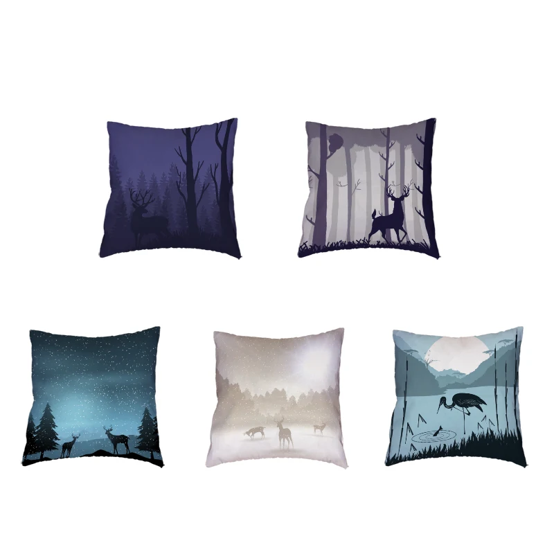 45cm Polyester Peach Skin Cushion Cover Deer Hillside Starry Snowflake Horse Cattle Egret Print Home Chair Decorative Pillowcase | Дом и сад