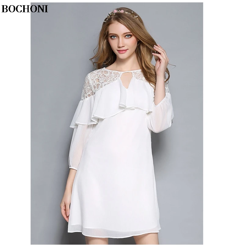2018 Bochoni new Solid color lace chiffon temperament dress | Женская одежда