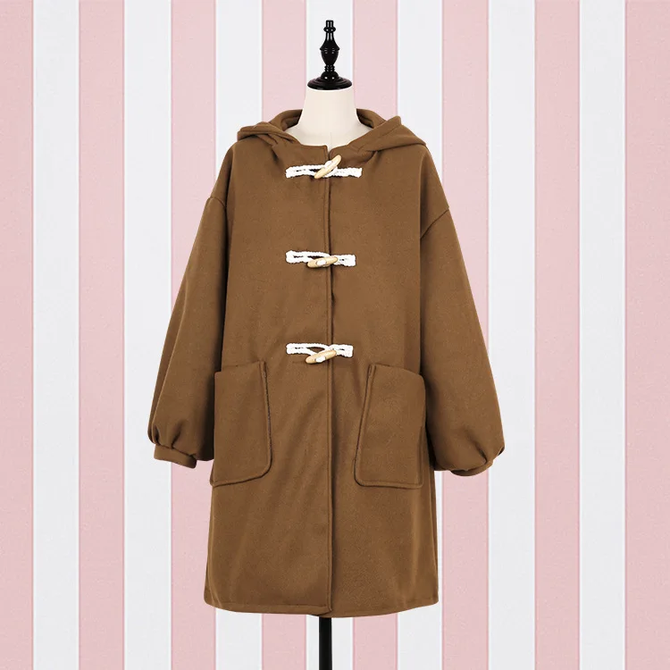Brown Новинка, японский элегантный дизайн, для девушек, студентов, Kawaii, Свободное пальто, для женщин, Осень-зима, с капюшоном, Лолита, шерстяное пальто, верхняя одежда, свободный размер - Цвет: Brown