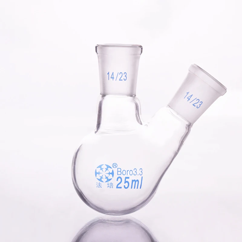 Two-necked flask oblique shape,with two necks standard grinding mouth,Capacity 25ml,Middle joint 14/23 and lateral joint 14/23