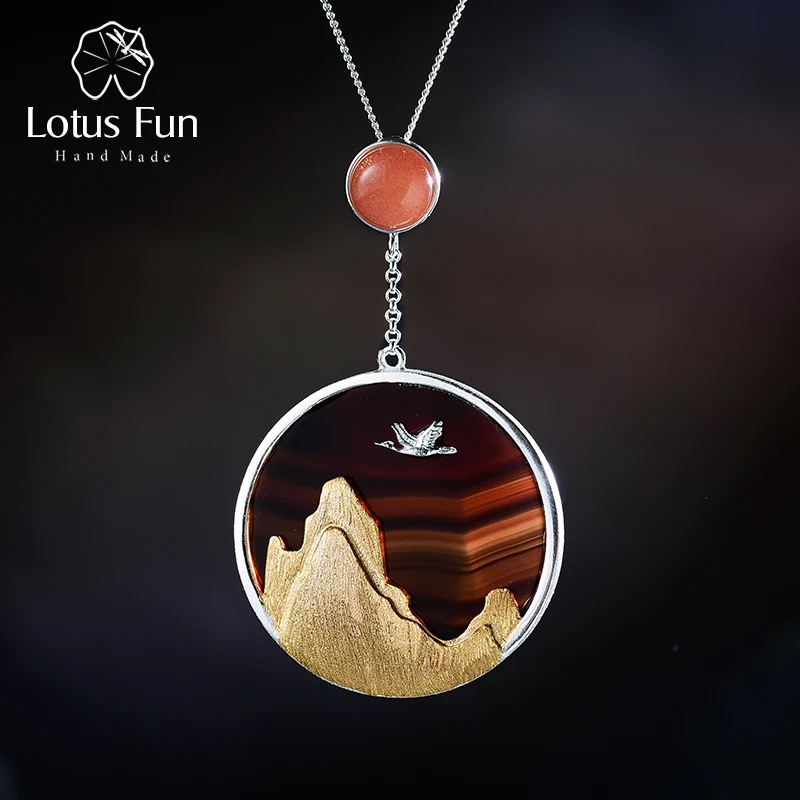 Lotus Fun, настоящее 925 пробы, серебро, натуральный драгоценный камень, хорошее ювелирное изделие, креативное, возвращающееся, птица в закате, подвеска без ожерелья