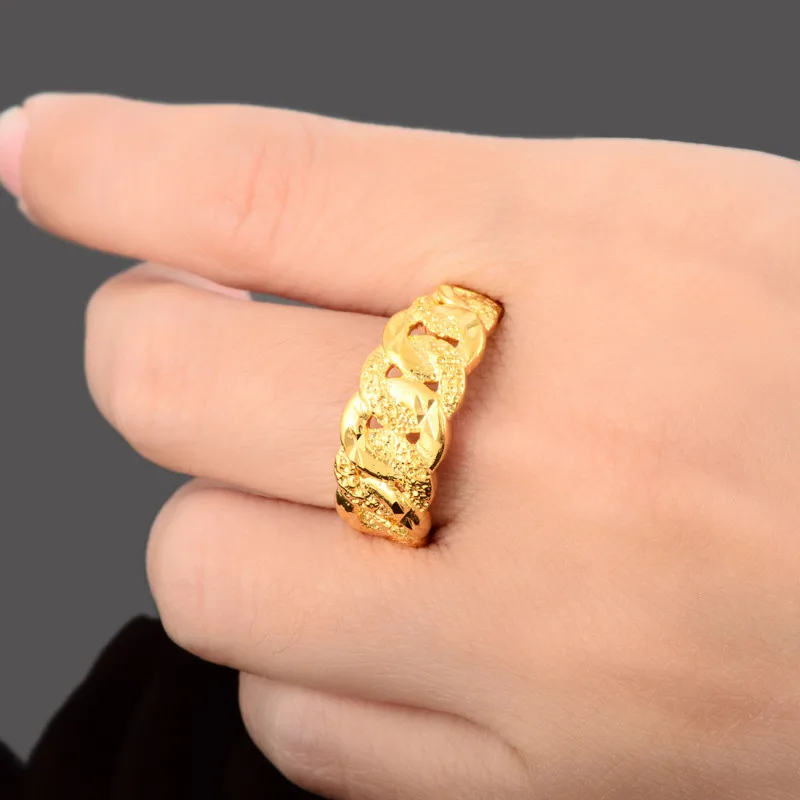 

24 K Solid Yellow Gold Color Rings for Women Fashion Gold Jewelry Wedding Ring 6 7 8 9# Best Friend Gifts Bague Femme