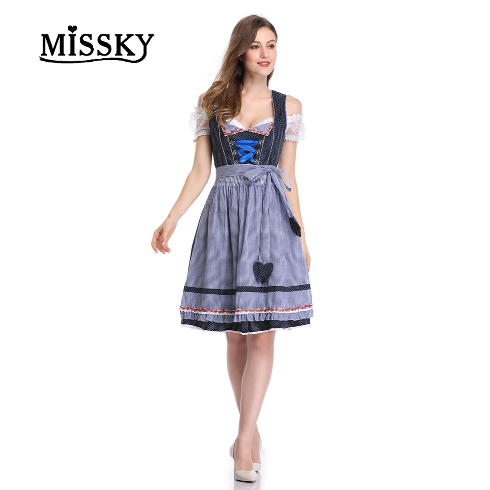 MISSKY/, Женское Платье Dirndl из 2 предметов, баварское Платье с принтом пива, костюм Октоберфеста, в горошек, в клетку, со шнуровкой спереди, а-силуэт, вечерние платья