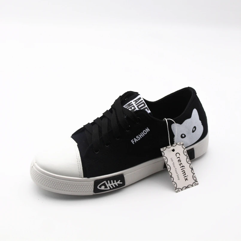 

Cresfimix zapatos de mujer women fashion round toe lace up flat shoes teenager girl cute cat print canvas shoes casual shoes