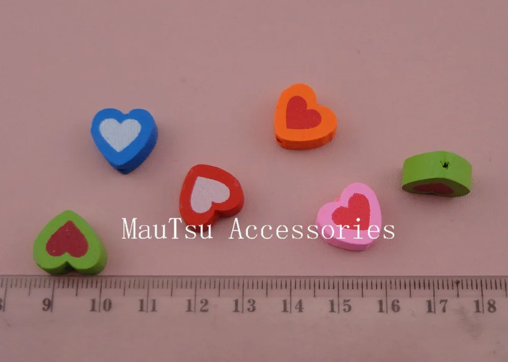 

100PCS 2.0cm Heart printing Heart shape Colorful Wooden Beads with hole, Wooden double hearts beads For DIY Jewelry