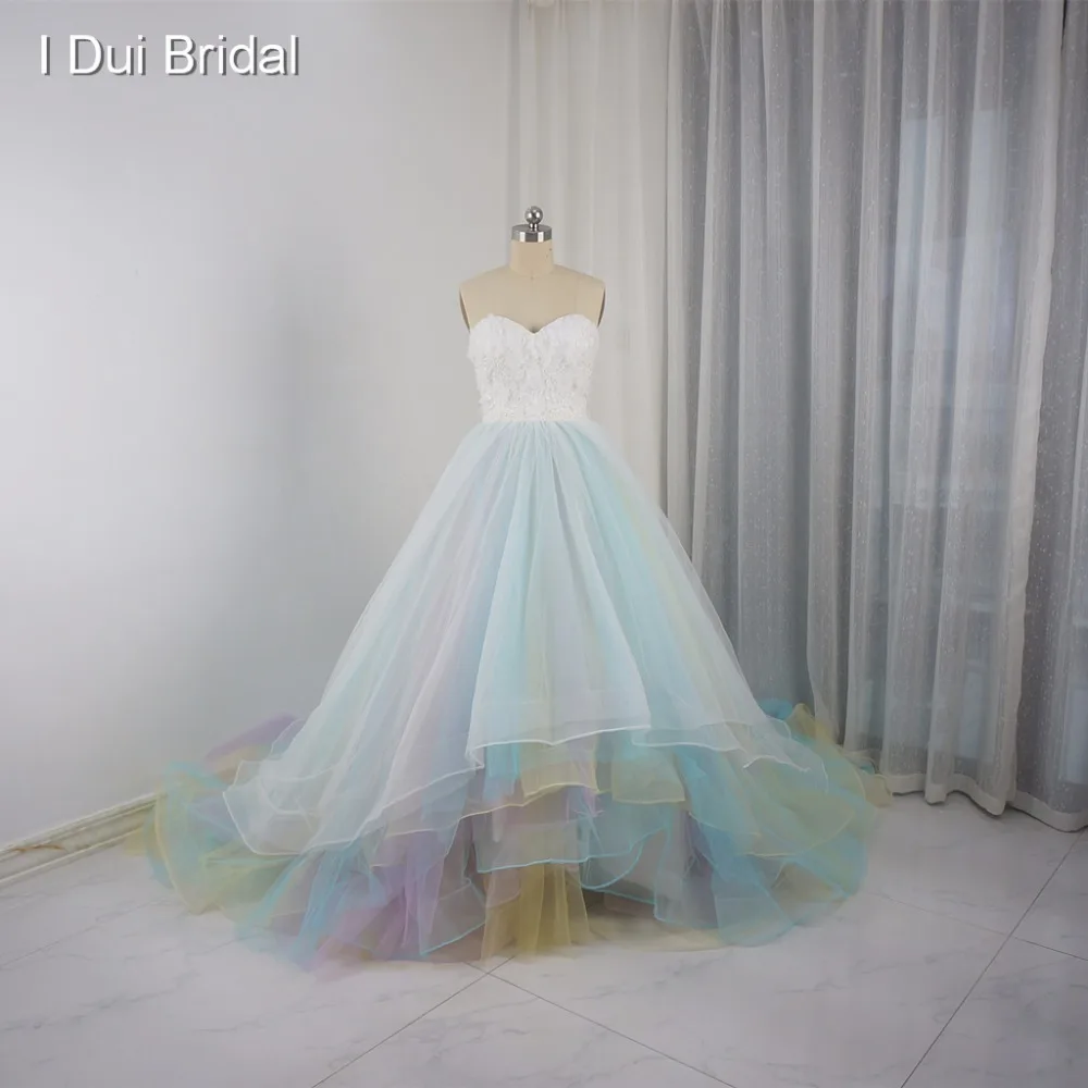 

Tulle Blue Pink Colorful Wedding Dresses Real Photo Bridal Gown Custom Made 3D Flower Corset Ball Gown Hi-Low