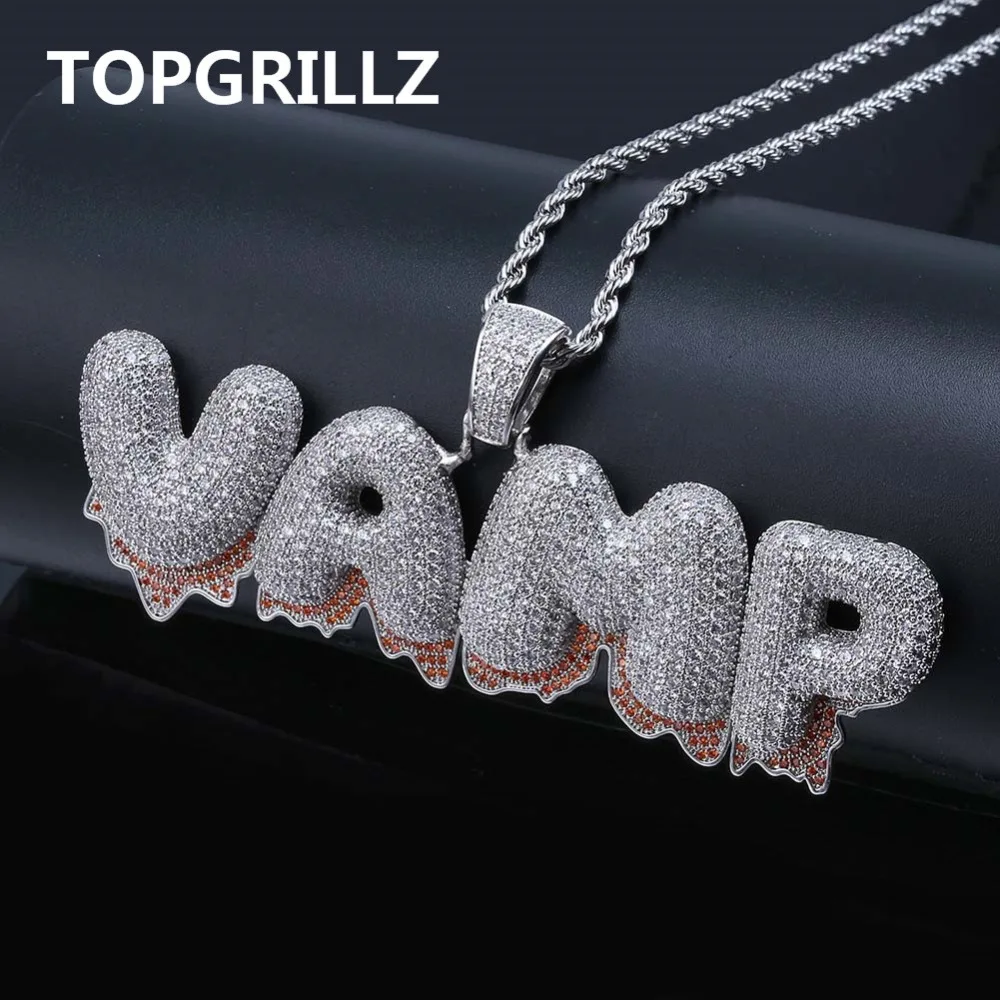TOPGRILLZ пользовательское имя красный капельного пузыря крови буквы кулон ожерелья для мужчин хип хоп ювелирные изделия с 4 мм CZ теннисная цепь для подарков
