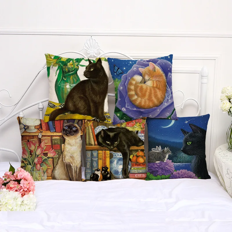 Cat чехол накладка с мультипликационным рисунком для подушек из хлопка и льна