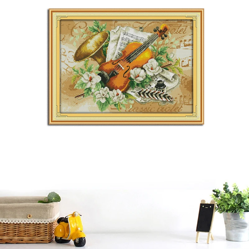 NKF цветы и скрипка счетные схемы для вышивки крестом dmc наборы продажа печать узор
