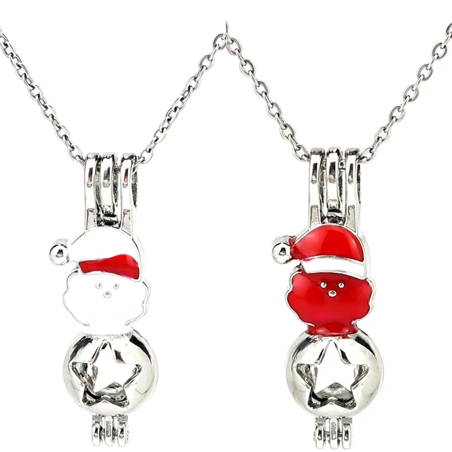 

Colors Enamel Santa Claus Christmas Hats Beads Cage Locket Pendant Perfume Diffuser Pearl Cage Necklace