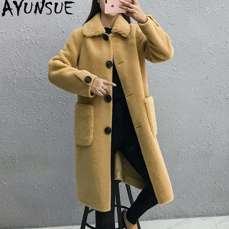 AYUNSUE Натуральная Овечья шерсть пальто с мехом 2020 зимняя куртка на натуральном