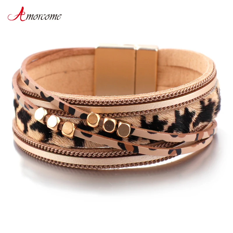 

Amorcome Leopard Leather Bracelets for Women Fashion Metal Beads Bohemian Wide Wrap Bracelet Ladies Party Jewelry