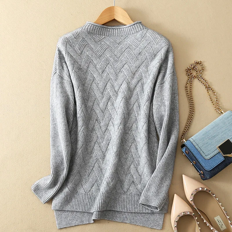 Женский кашемировый свитер облегающий пуловер с круглым вырезом и прорезями