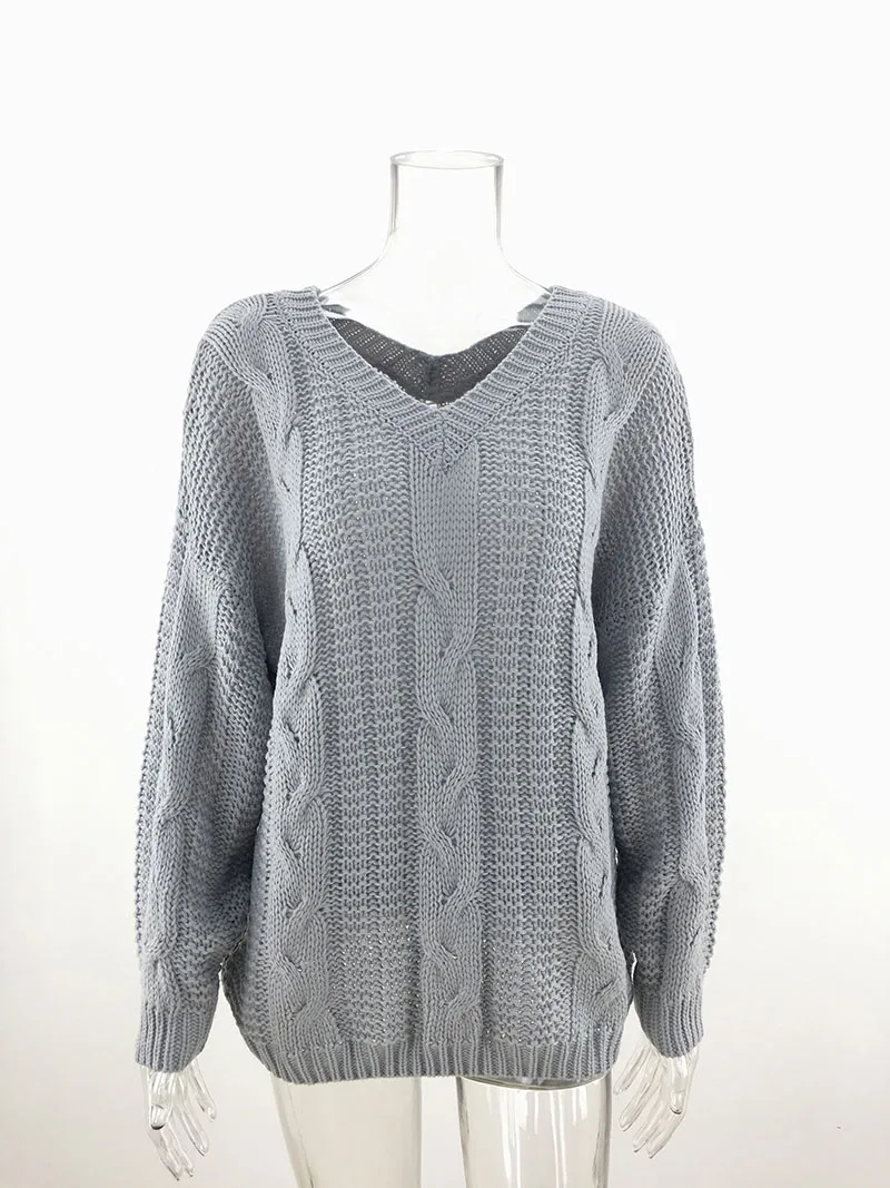 grey Fitshinling Twist, женский свитер, зима, длинный рукав, v-образный вырез, желтые женские свитера и пуловеры, вязаные Джемперы для женщин - Цвет: grey