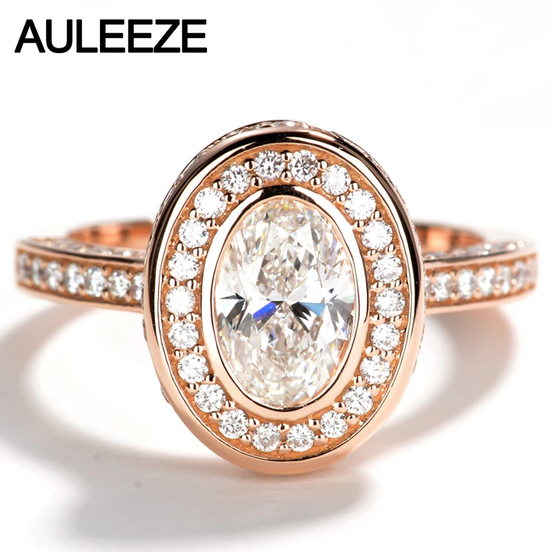 

AULEEZE Oval Shape 1 Carat Moissanite Diamond Engagement Wedding Rings For Women Solid 14K 585 Rose Gold Diamond Halo Ring