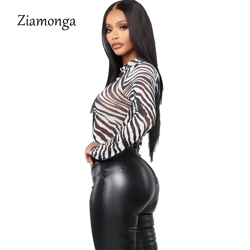 Ziamonga зебра с длинным рукавом для женщин боди высоким воротником Sexy Тонкий Топ