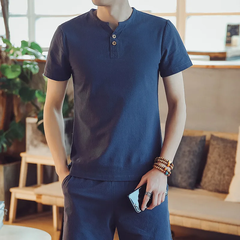 Рубашка мужская из хлопка и льна модная сорочка в китайском стиле Повседневная