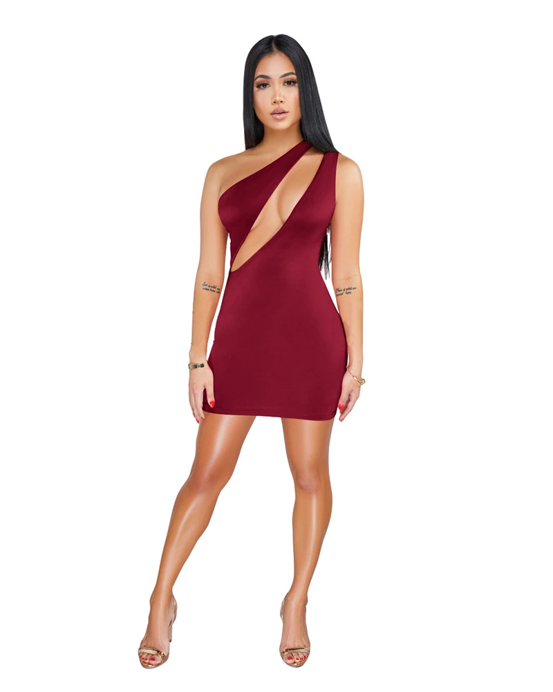 Adogirl Solid Hollow Out One Shoulder Bodycon Dress Women Sexy Sleeveless Sheath Mini Evening Party Dress Night Club Wear Outfit