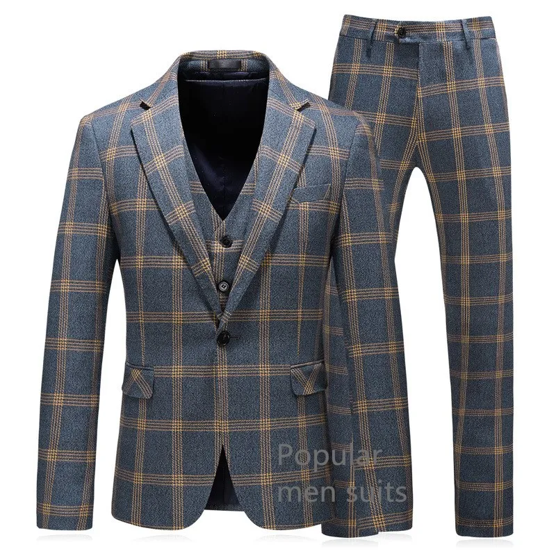 Однобортный костюм для мужчин 2018 брендовый приталенный клетчатый мужской