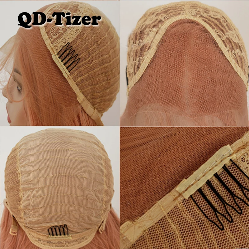 

QD-Tizer Pink Long Straight Hair Lace Front Wig Glueless Heat Resistant Synthetic Lace Front Wig With Combs&Straps
