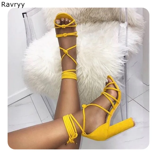 Желтые Замшевые женские босоножки пикантные туфли лодочки на шнуровке модельные