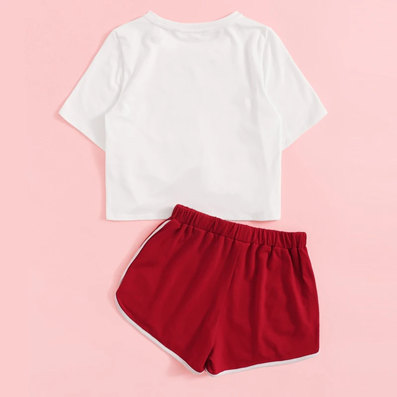 SHEIN/комплект детской одежды для девочек, белая футболка с бантом спереди и контрастные шорты, летняя одежда для активного отдыха с коротким рукавом для детей, комплект из двух предметов