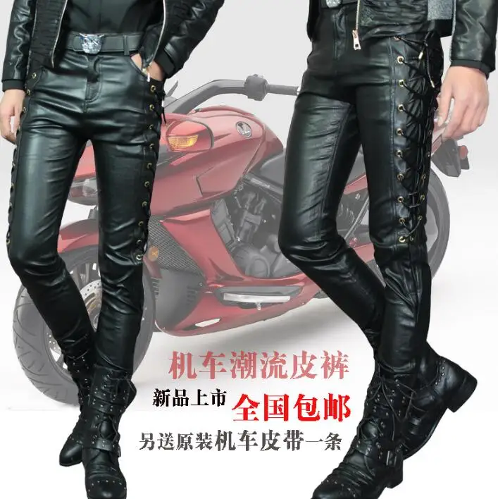 

Autumn winer personality fashion Straps motorcycle leather pants mens feet pants trousers for men pantalon homme black red white