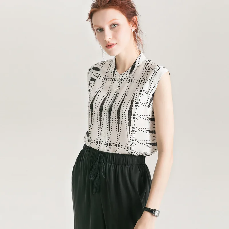 Women Blouse 100% REAL SILK Crepe Print White Shirt Stand Collar Sleeveless Blouses 2019 Summer Office Lady Tank |