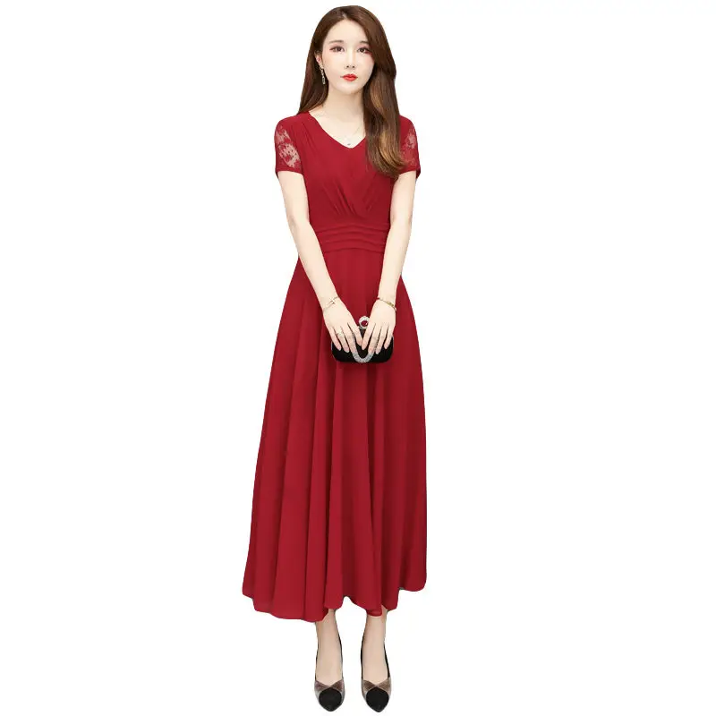 Летние шифоновые женские платья в стиле ретро бохо Бордовое платье с V-образным