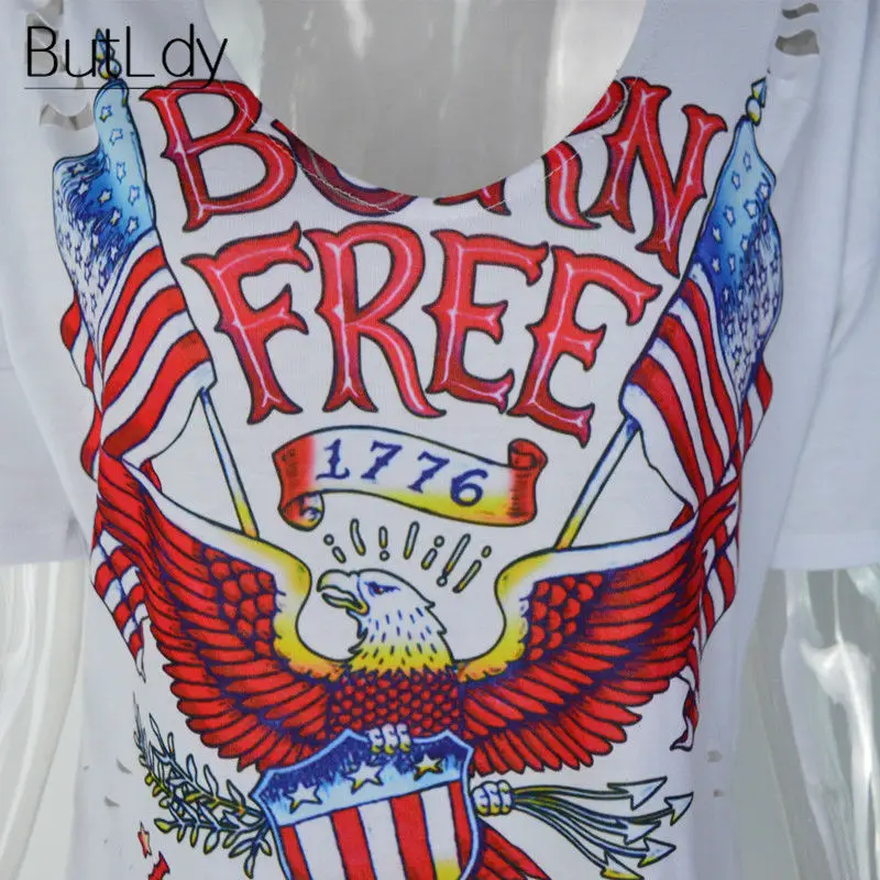 Футболка женская с принтом орла и дырками летняя белая треугольным вырезом|fashion