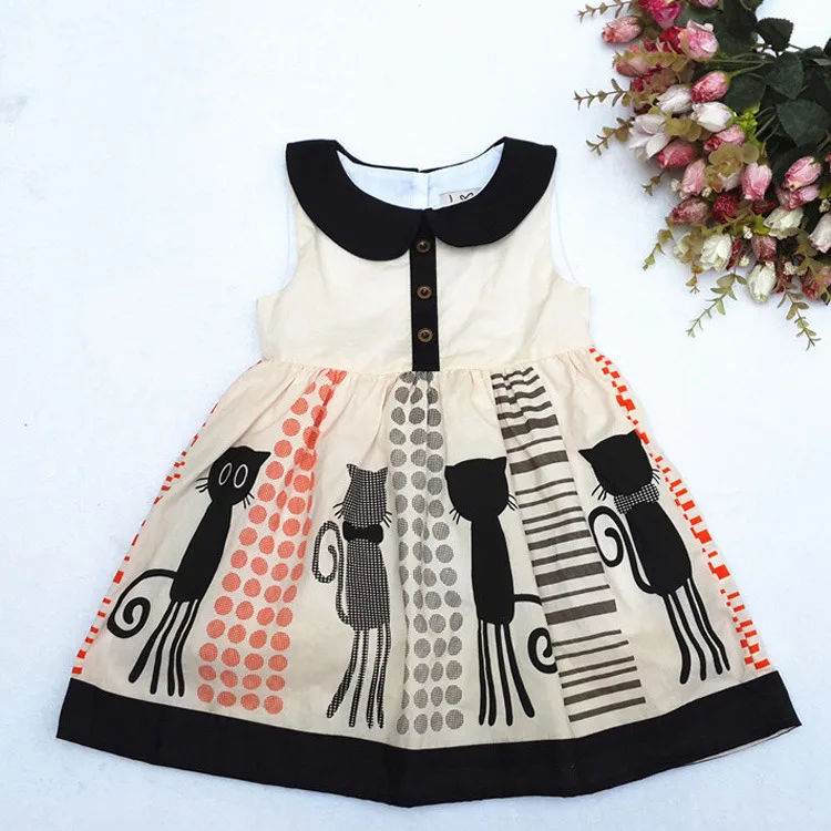 Baby Girls Kleding Cute Casual Sleeveless Color Cat Cartoon Print Dress Peter Pan Collar Kids Clothes | Детская одежда и обувь