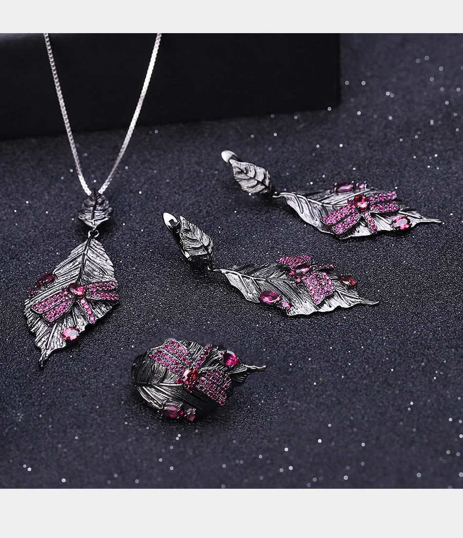 GEM'S BALLET, 1.76Ct, натуральный родолит, гранат, серьги для женщин, ювелирное изделие, 925 пробы, серебро, стрекоза, длинные листья, висячие серьги